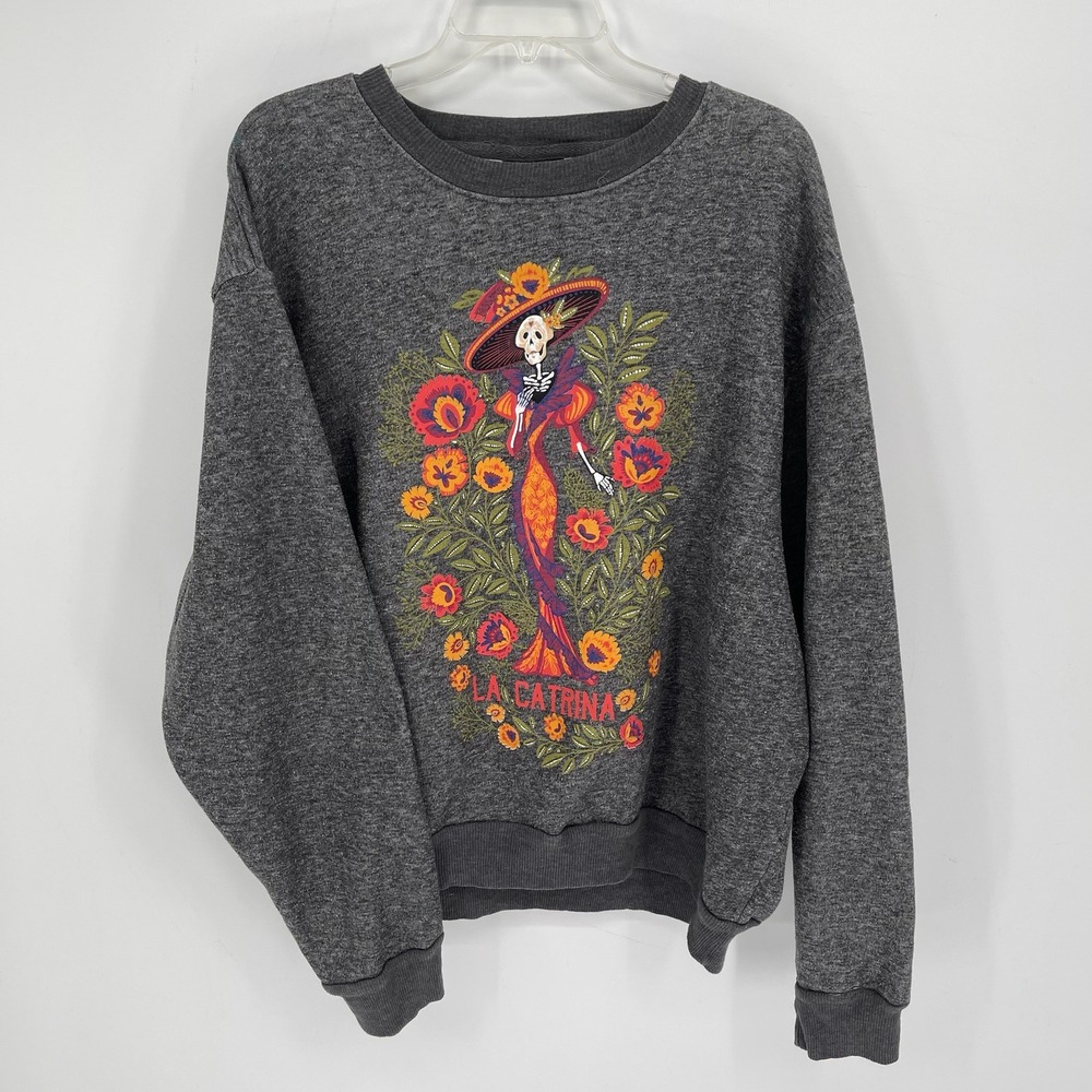 Hasta Siempre Women's Gray La Catrina Day of the Dead Fleece Sweatshirt Size XL